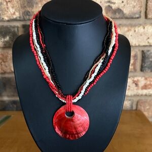 Vintage 6 strand Red Black White Brown and Gold seed bead shell pendant necklace